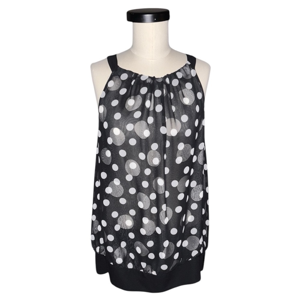 Ann Taylor Sheer Black with White Polka Dot Tank Top